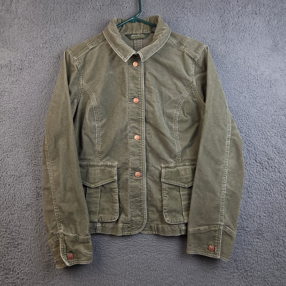 Eddie Bauer Jacket Women Large Corduroy Olive Green Utility Stretch Button Up